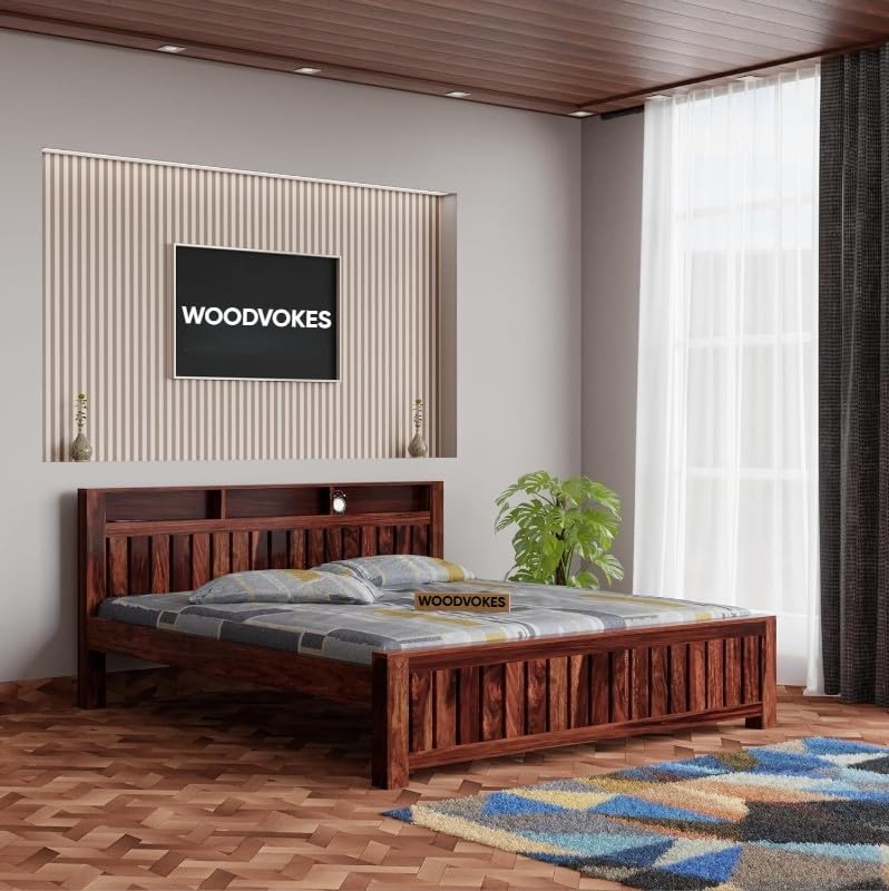 Image of Sheesham Wood Bed Without Storage Solid Wooden Cot Bed Elegant and Functional Bedroom Living Room Home (Walnut Finish, King)
