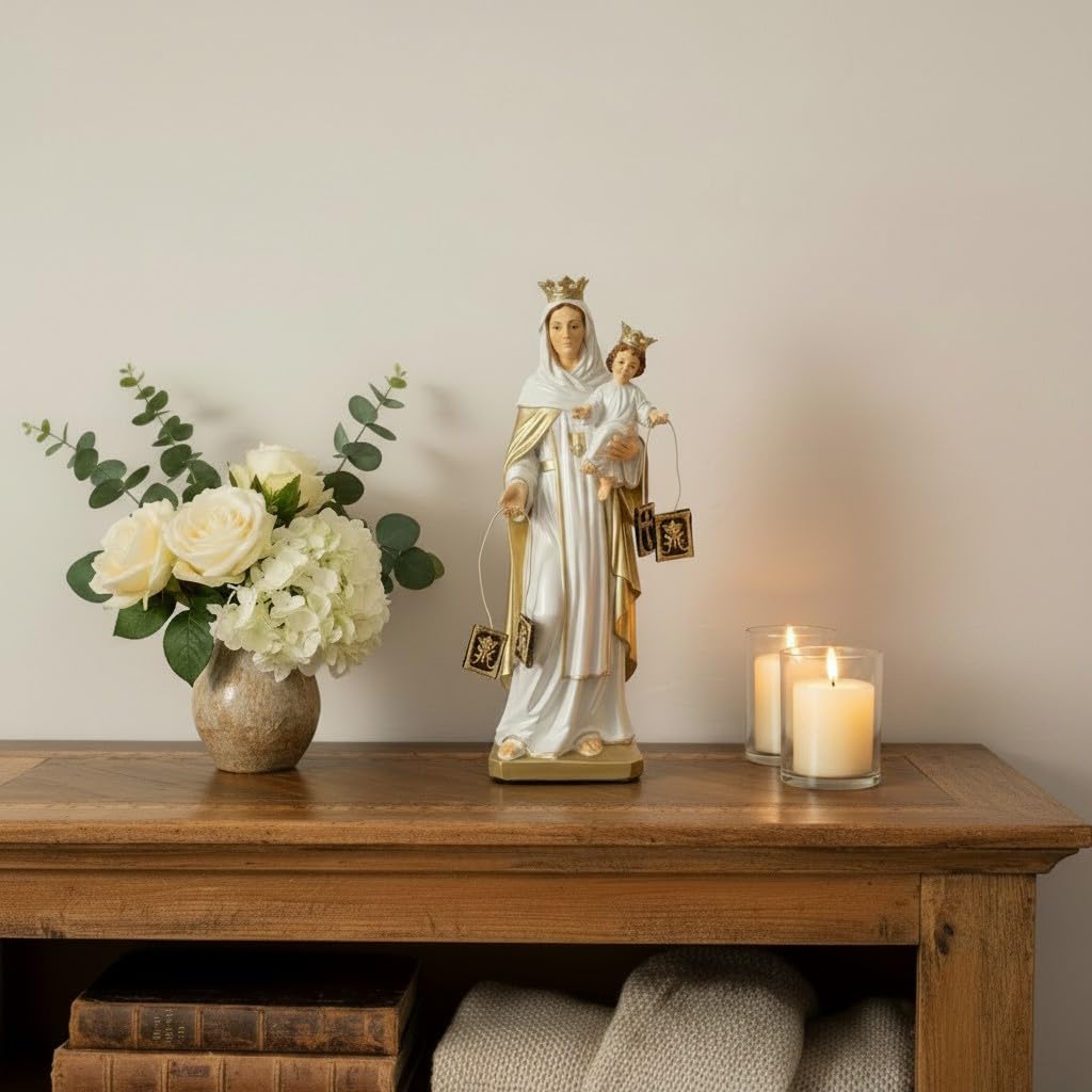 OVUNQUE PROTEGGIMI Statua Madonna del Carmine 30 cm, in Resina dipinta a mano con Scapolari in stoffa, Prodotto Artigianale Italiano
