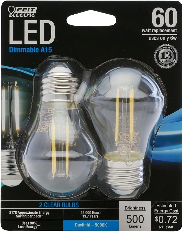 Feit Electric - Decorative Clear Glass Filament LED Dimmable 60W Equivalent Daylight (5000K) Classic A15 Light Bulb, Pack of 2 (BPA1560/850/LED/2), 60 Watt Daylight