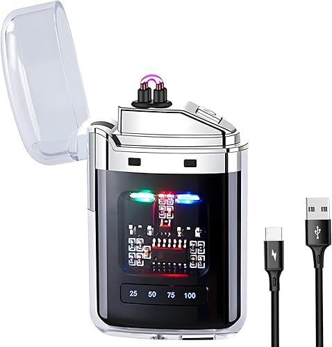 Encendedor eléctrico de plasma resistente al viento, encendedor de doble arco recargable tipo C con pantalla de alimentación LED, diseño de carcasa