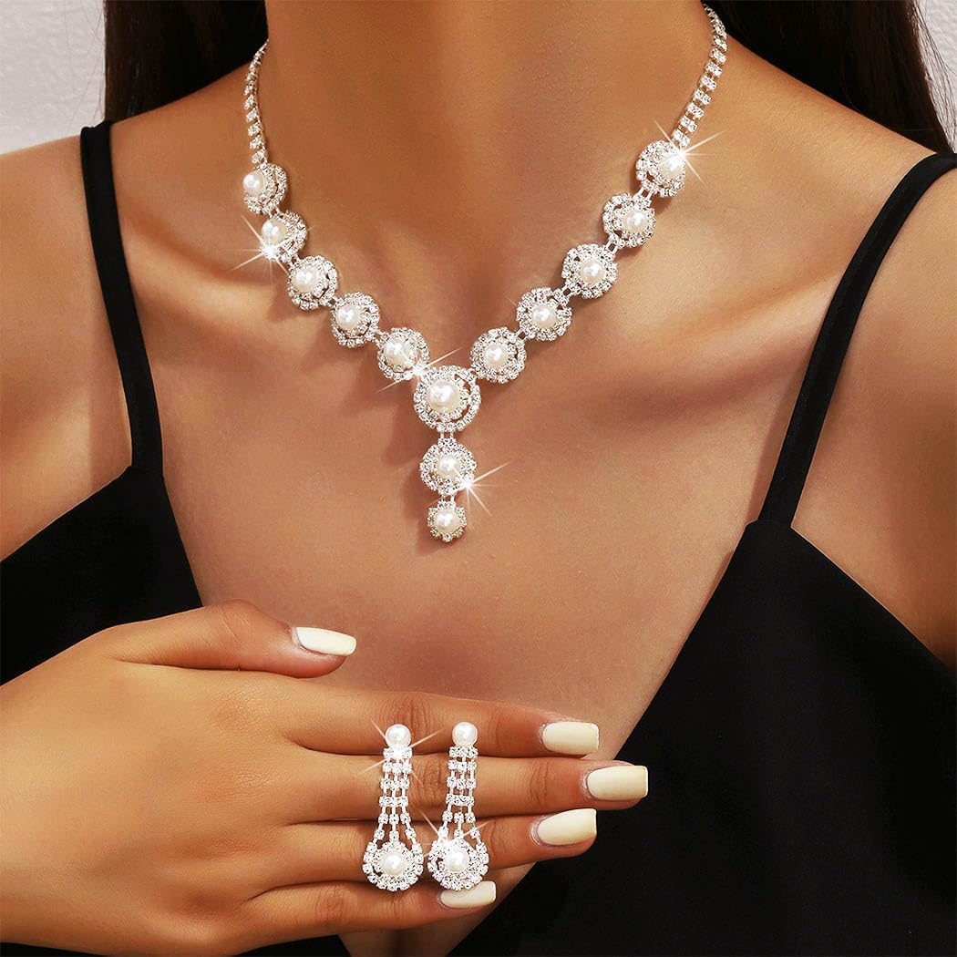 Sixexey Pearl Rhinestone Jewelry Set Silver Bridal Jewelry Pearl Wedding Prom Jewelry Accessories for Women - Image 5