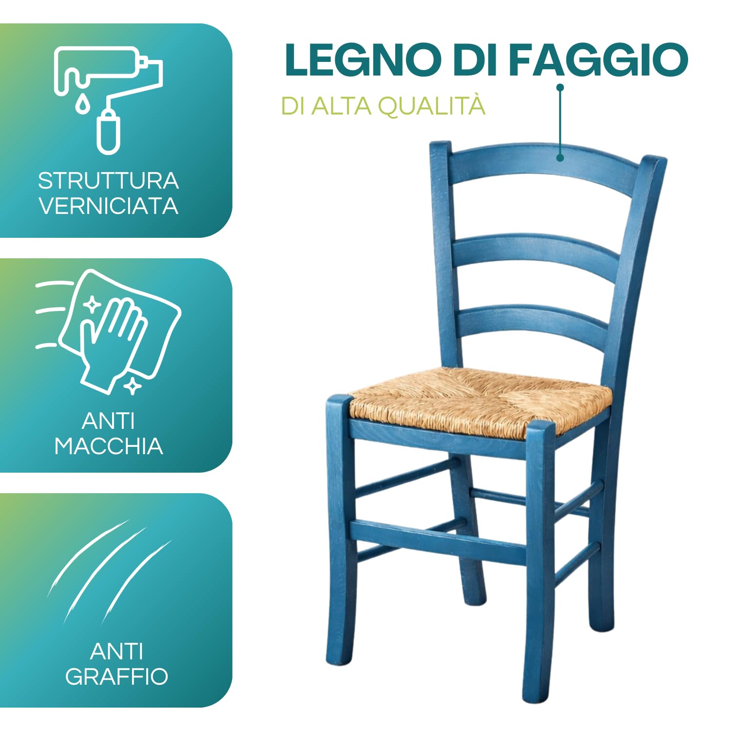 VIRSUS Set 2 Sedie Paesana in Legno con Seduta in Paglia, Misura 43x42x86 cm, Sedia Tradizionale Robusta, per Casa, Cucina, Agriturismo, Ristorante, Made in Italy (Azzurro)