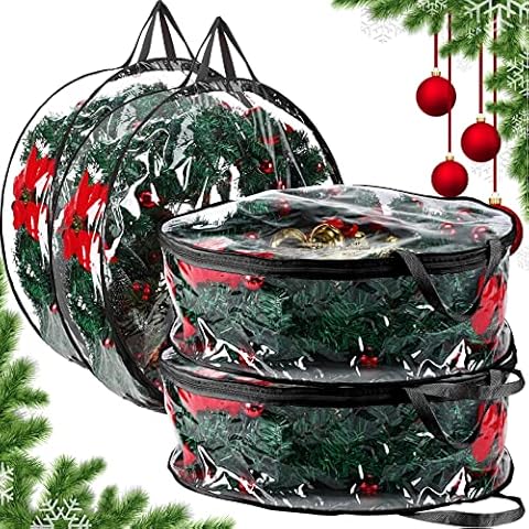 Shappy Christmas Wreath Storage Container 30 Inch Wreath Storage Bags Plastic Wreath Bags with Dual Zippers and Handles for Xmas Thanksgiving Holiday Artificial Wreath Storage(Clear, Black, 4 Pieces) Cover