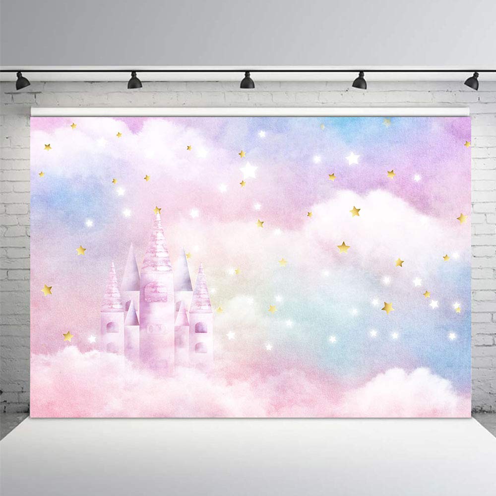 MEHOFOND Pastel Rainbow Watercolor Photo Studio Booth Background Props Gold Stars Castle Princess Magical Girl Happy Birthday Party Decorations Bokeh Banner Backdrops for Photography 8x6ft