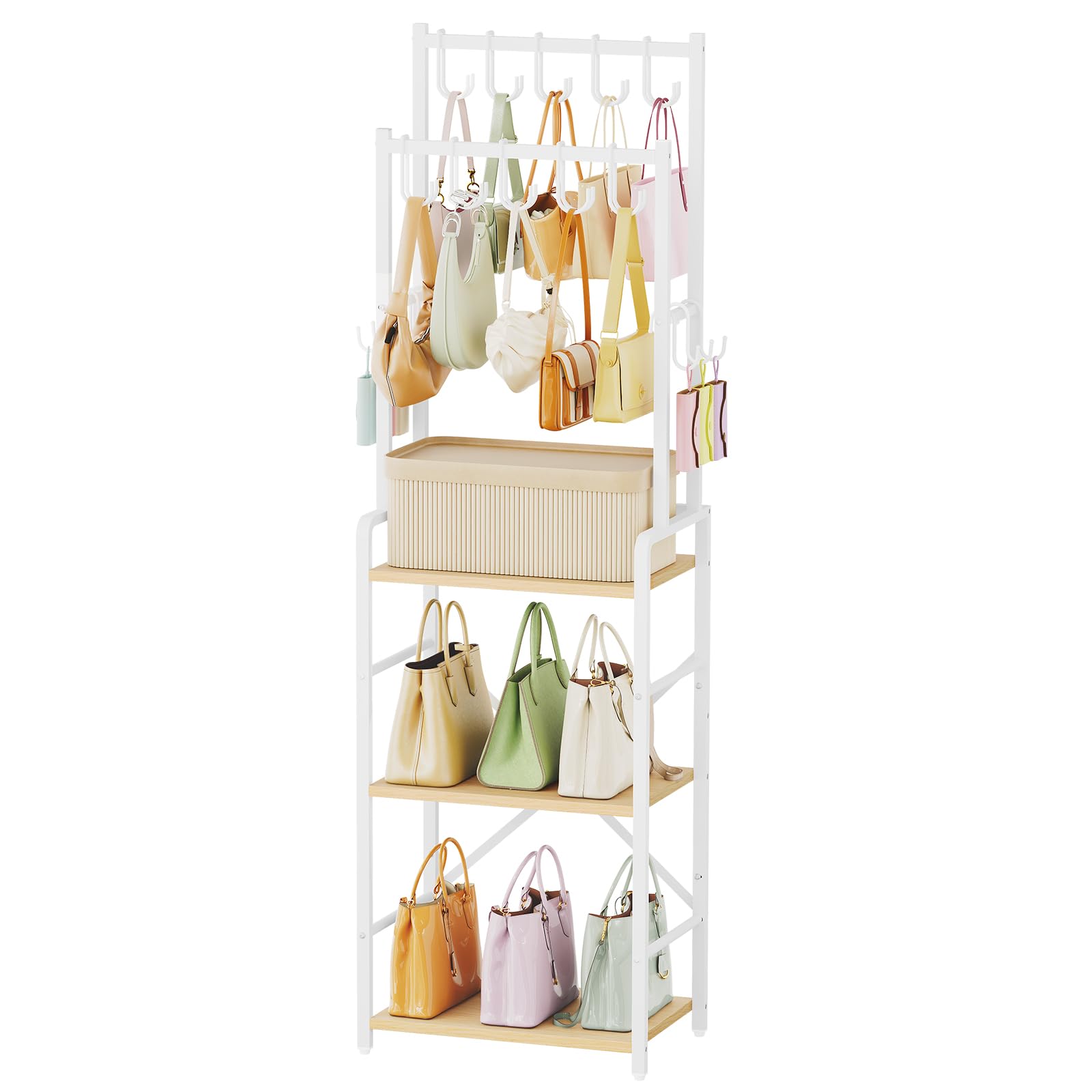 HOOBRO Handtaschen Organizer mit 10 Doppelhaken, 6 S-Haken, Taschenständer | 3-lagig, mit verstellbarem Einlegeboden, für Ankleidezimmer, Flur, Schlafzimmer, Natur und Weiß