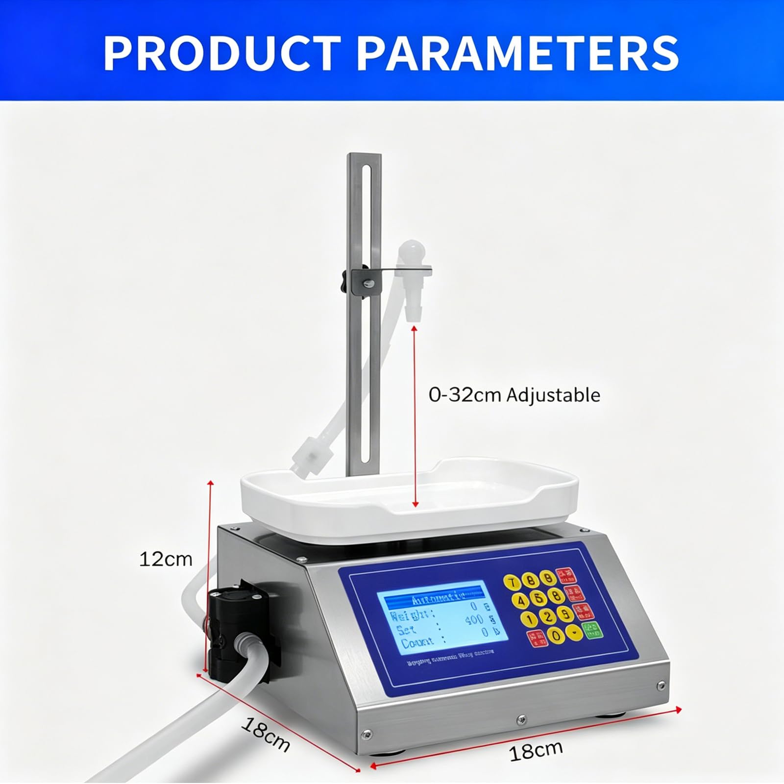 Máquina de llenado de líquidos, llenadora de botellas con bomba peristáltica con pantalla LCD, altura ajustable, sistema de pesaje para aceite, agua, jugo, capacidad de 8 g-3 kg