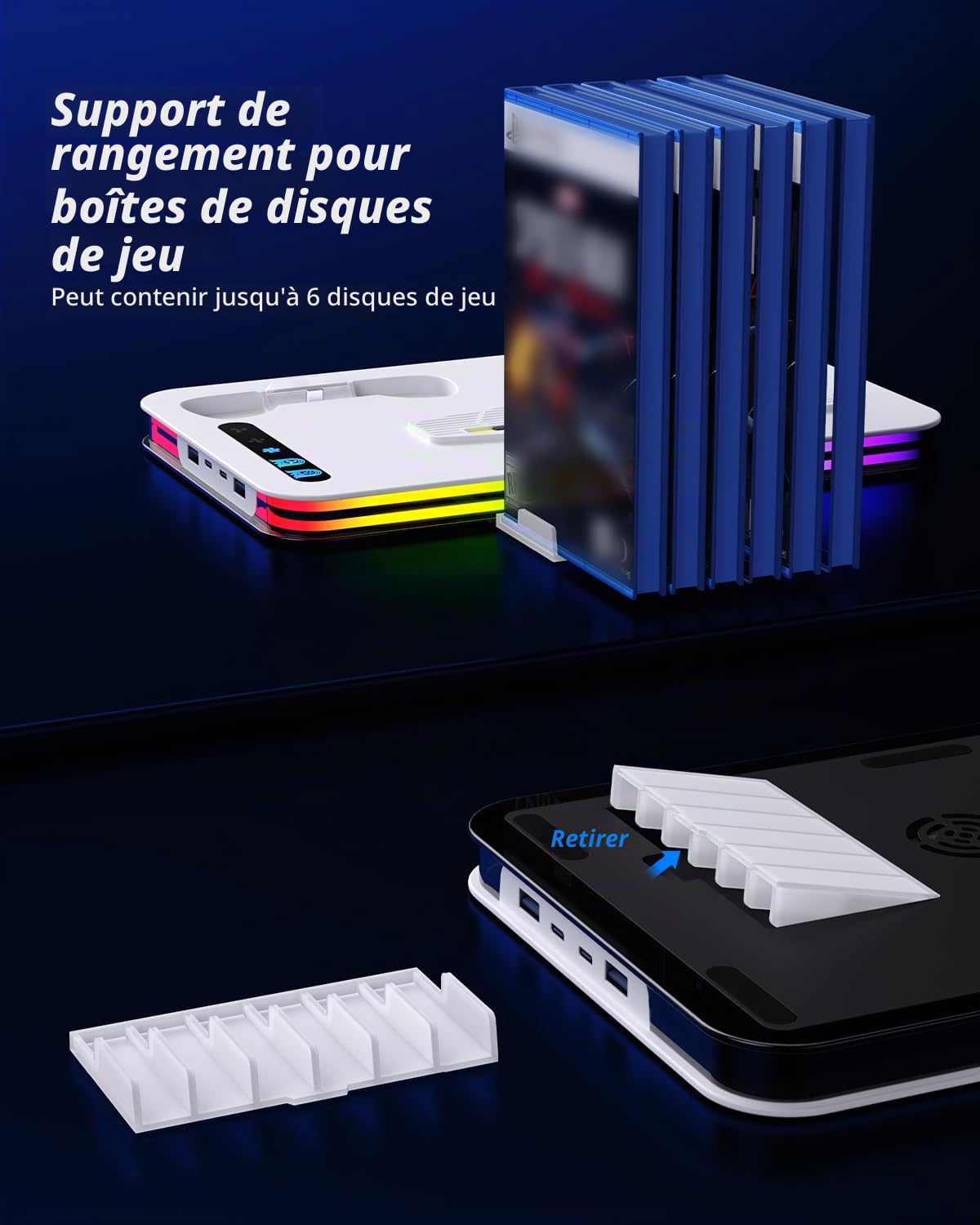 Support PS5 pour PS5/PS5 Slim/PS5 Pro, P5 Ventilateur Station de Refroidissement avec Ventilateur à 3 Niveaux et 8 Lumières RGB, Chargeur Double Manette, 6 Emplacements de Jeu, 4 Ports