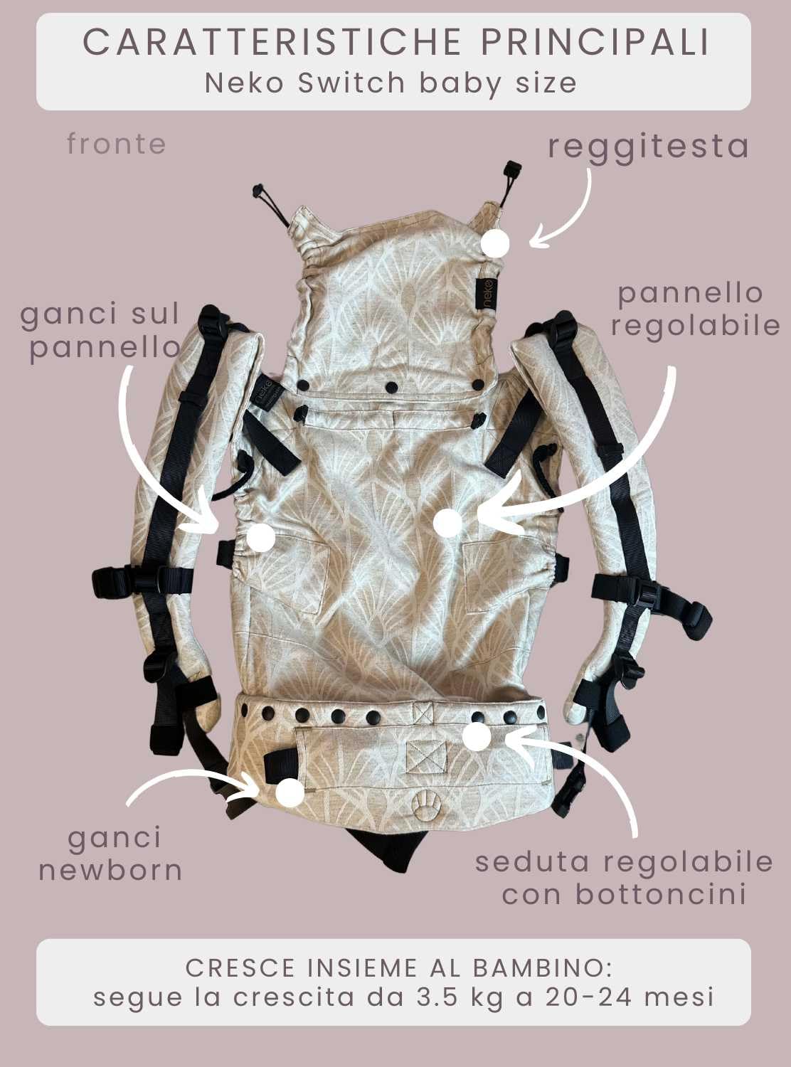 Neko Switch Air Baby, Marsupio Portabebè Ergonomico per neonati e bambini da 3.5 kg a 24 Mesi (Kidonya Elegance Air)