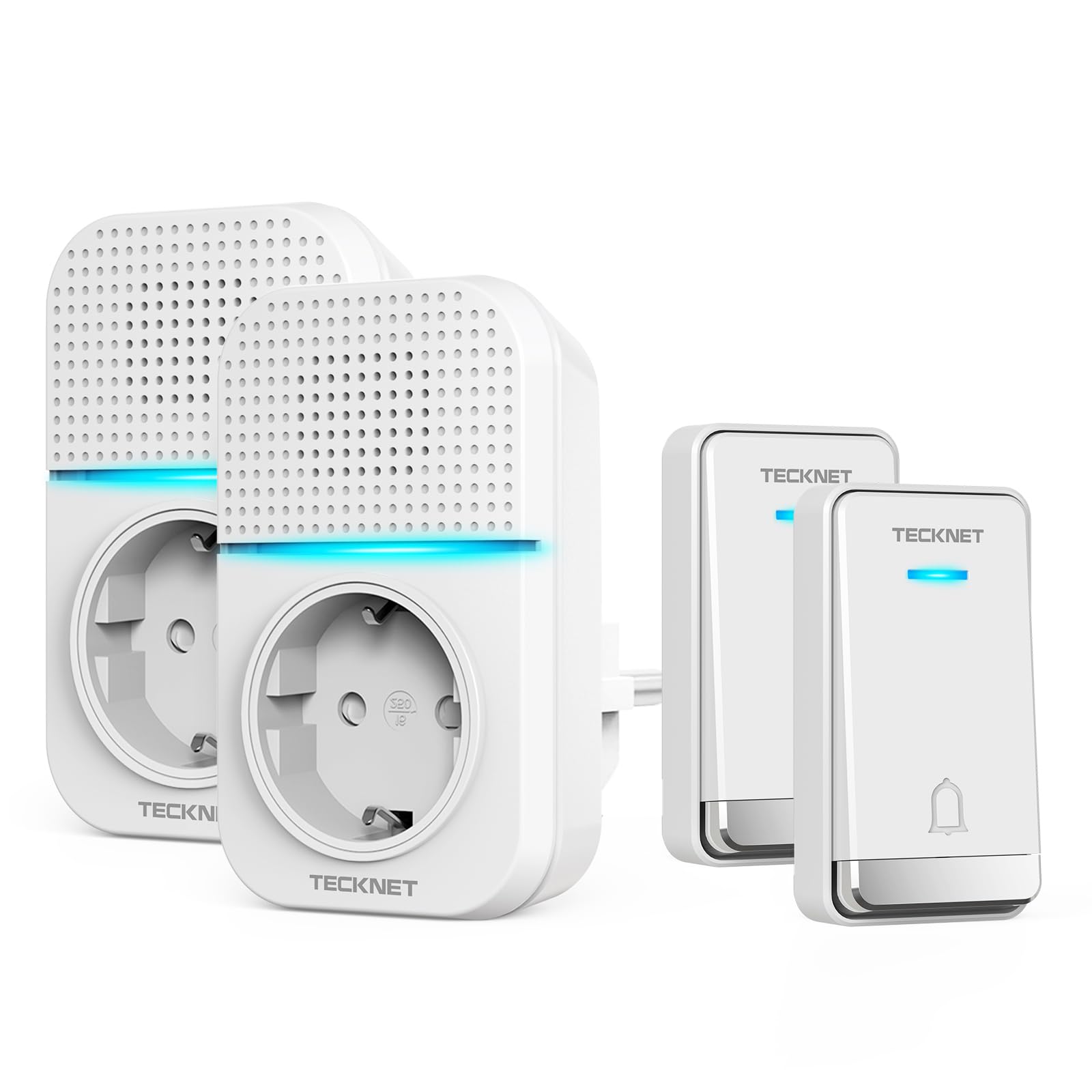 TECKNET Kabellose Türklingel Batterielose, Steckdosen-Funkklingel Wasserdicht Drahtloses Funk Türklingel mit 2 EU-Steckdose und 2 Sender, 400m, 60 Laute Melodien, 5 Lautstärke Stufen, LED, Weiß