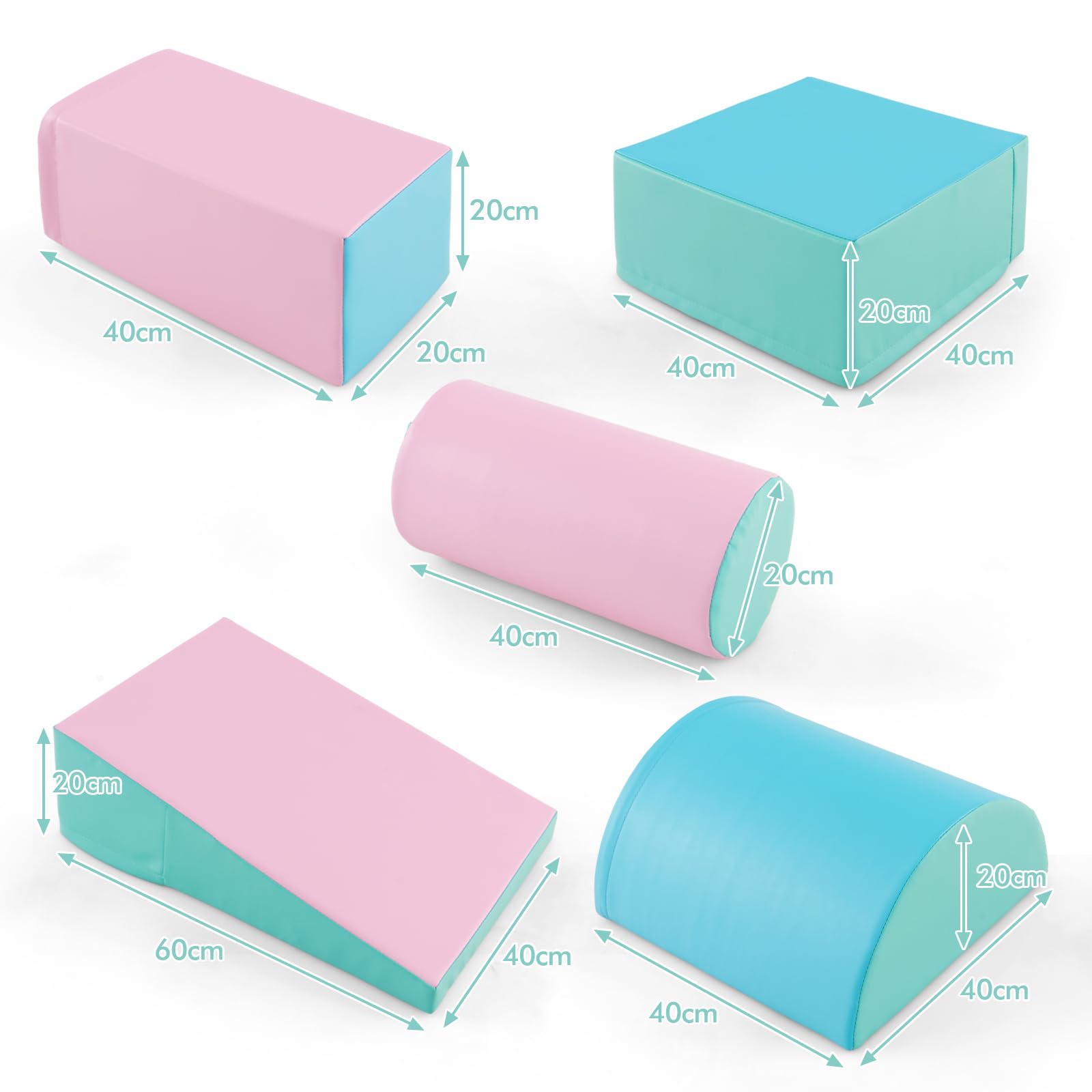 LIFEZEAL Set di 5 Blocchi Morbidi in Schiuma per Bambini 9-36 Mesi, Costruzioni, Libera Combinazione, Mattoni Cubi Componibile, Giocattolo Attività, con Scivolo, Arrampicata (verde+rosa)