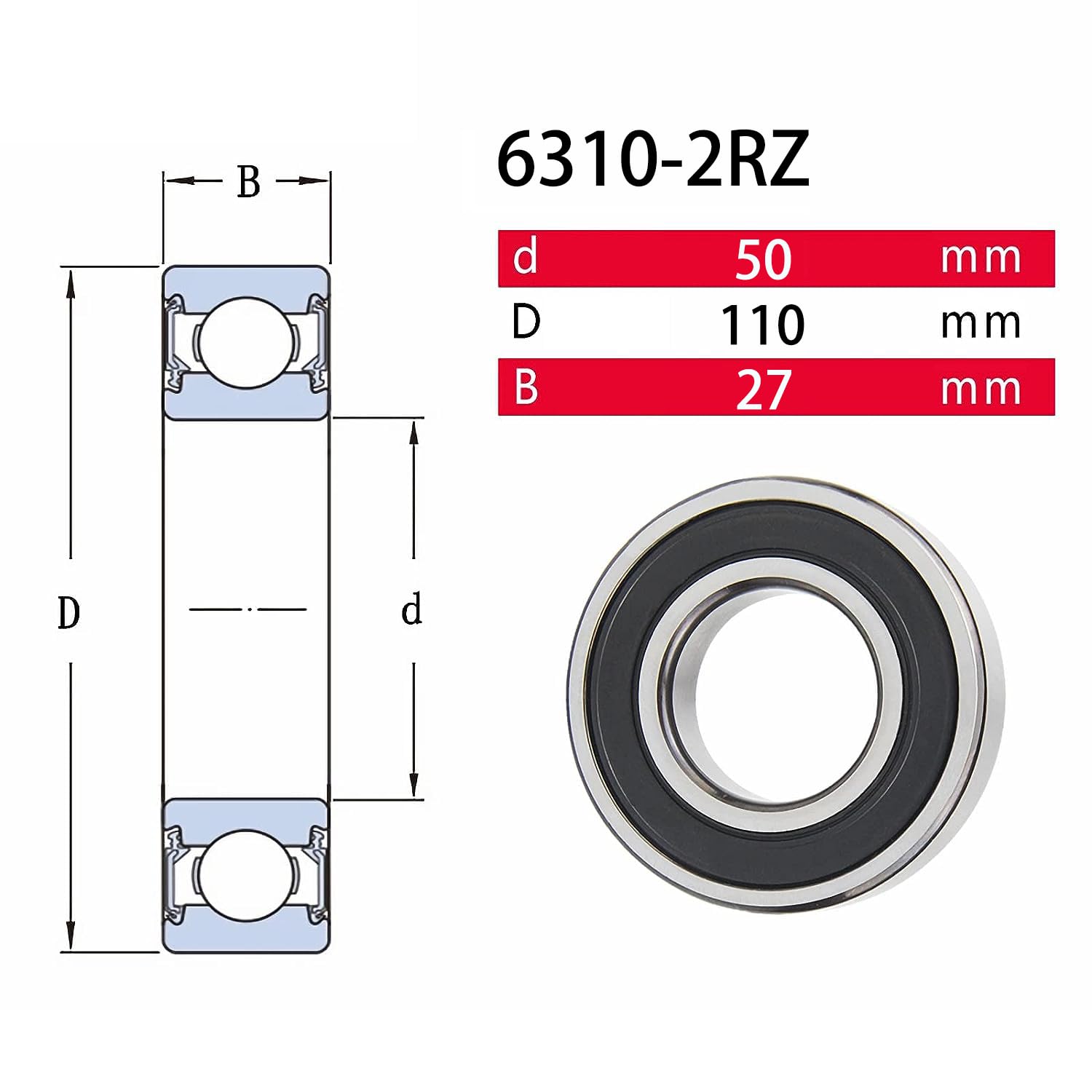 6310-2RZ Bearings, 50x110x27mm Ball Bearing 6310RZ Double Rubber Sealed Shielded Bearing ID 50mm, OD 110mm, Thickness 27mm Bearing, Professional High-Speed Deep Groove Ball Precision Motor Bearings
