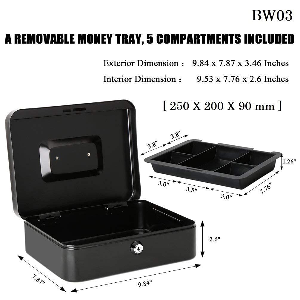 Suptikes 9.84"x 7.87"x 3.54 Metal Cash Box with Key Lock, Note & Coin Tray, Removable Money Tray – Secure Storage for Cash, Documents & Valuables (Black) 1