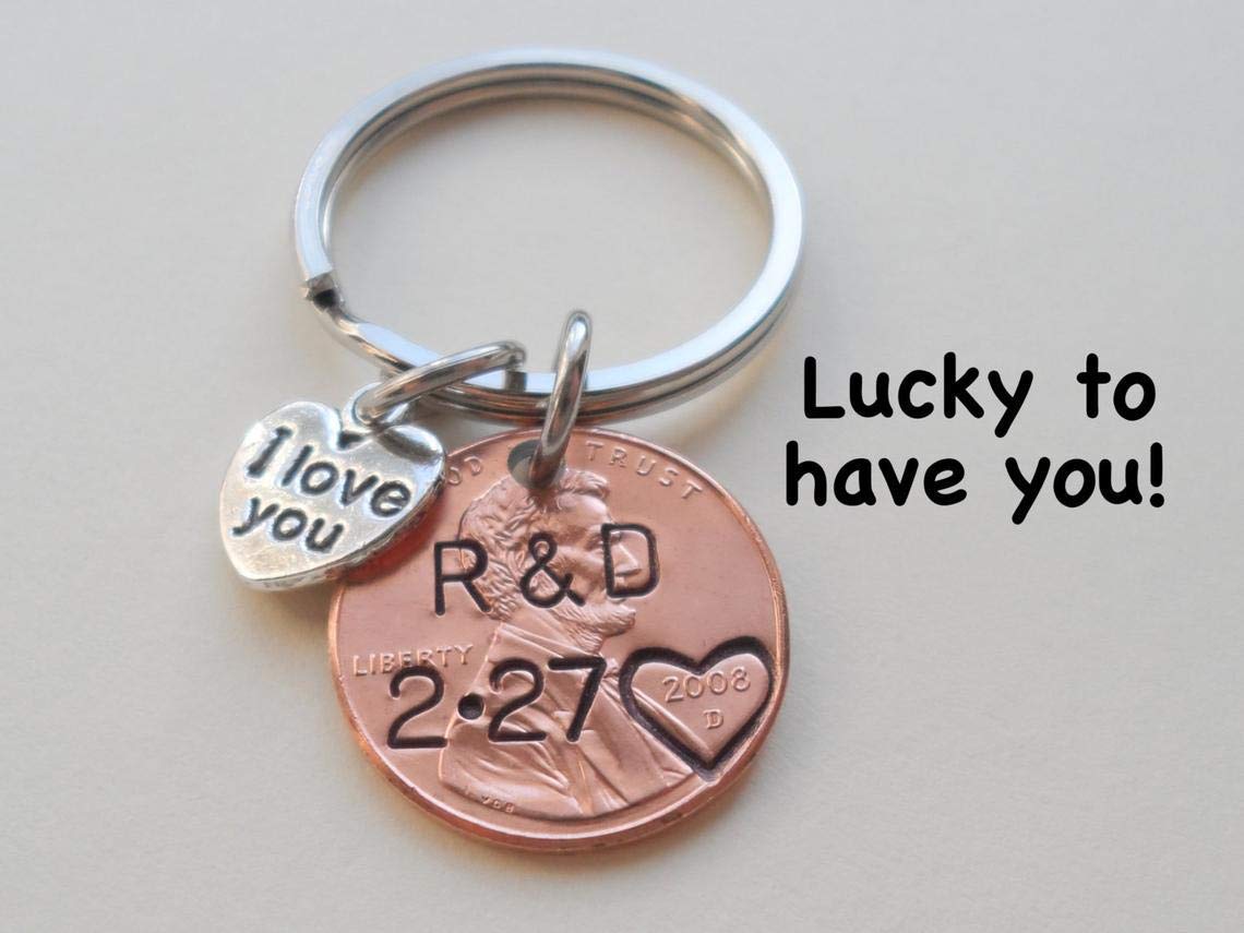 Custom Hand Stamped Personalized Penny Keychain Initials With Heart Around Year & Other Options, Anniversary Gift, Husband Wife Key Chain, Boyfriend Girlfriend Gift, Customized Couples Keychain