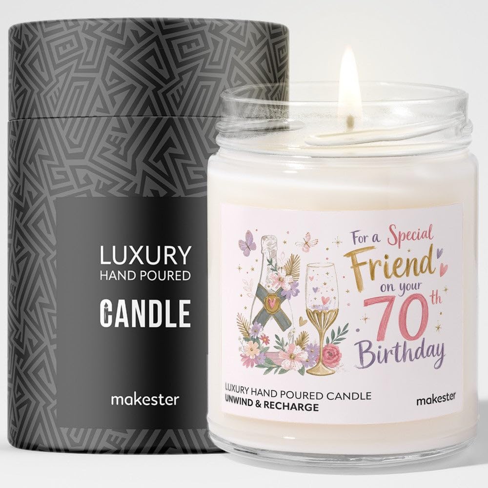 70th Birthday Gift for Friend - Luxury Soy Wax Candle - Vanilla, Jasmine, Sugared Almond - Makester — image 1