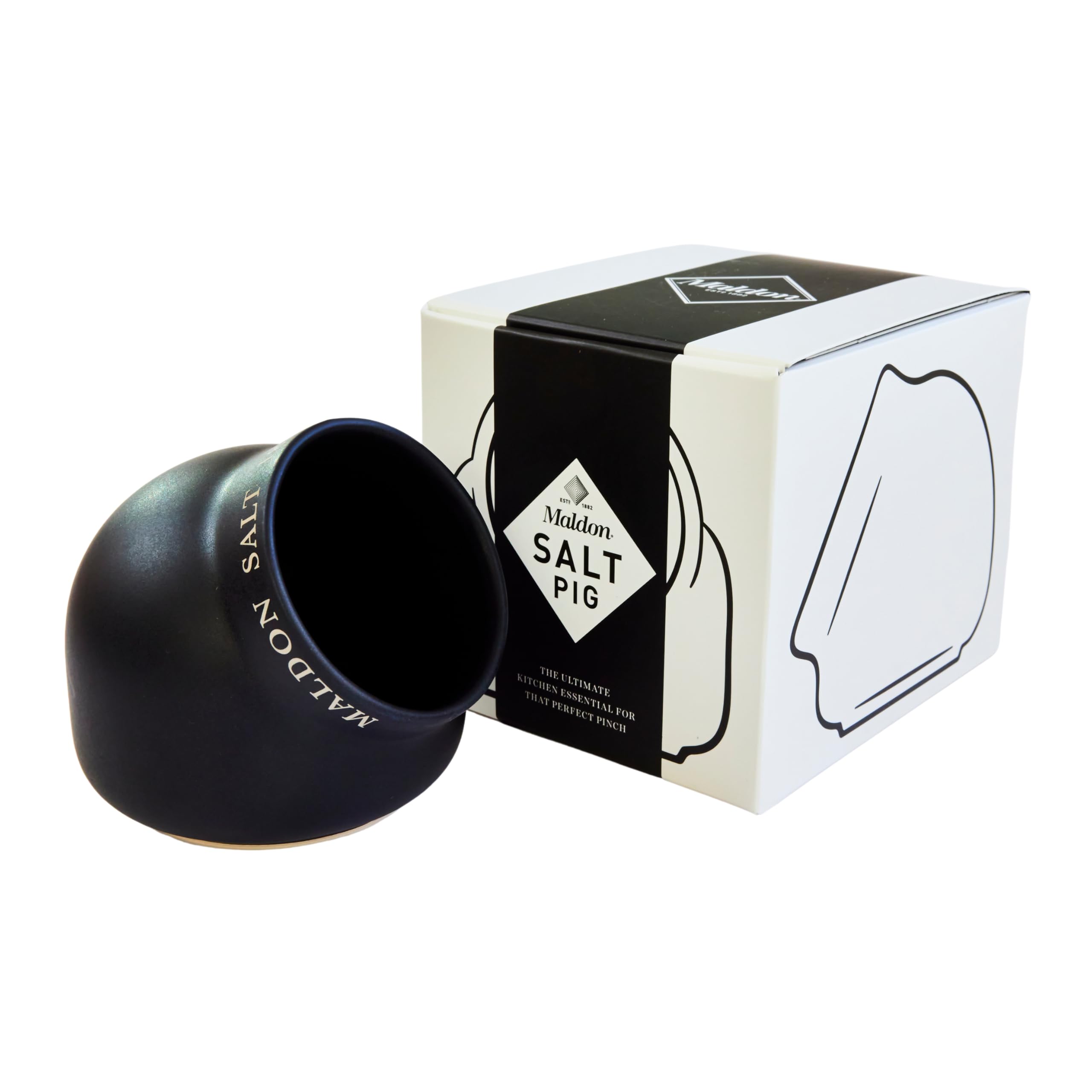 Maldon Salt - Cerdo de cerámica | Hecho de cerámica de calidad con un diseño clásico | Complemento perfecto para la cocina o el comedor | Negro