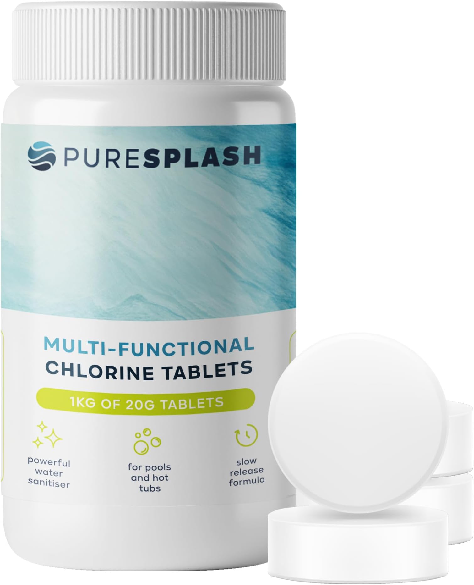 – 𝐏𝐔𝐑𝐄 𝐒𝐏𝐋𝐀𝐒𝐇! 1kg Hot Tub Chlorine Tablets – 4-in-1 Slow-Release Pool Chemicals for Inflatable, Paddling & Above-Ground Pools | Sanitiser, Algaecide, Clarifier, Stabiliser
