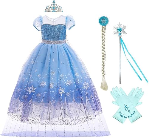 Miniatura 7 de MYRISAM Disfraz de princesa para niñas, disfraz de Frozen Elsa, vestido elegante de Halloween, fiesta, Navidad, cumpleaños, con accesorios