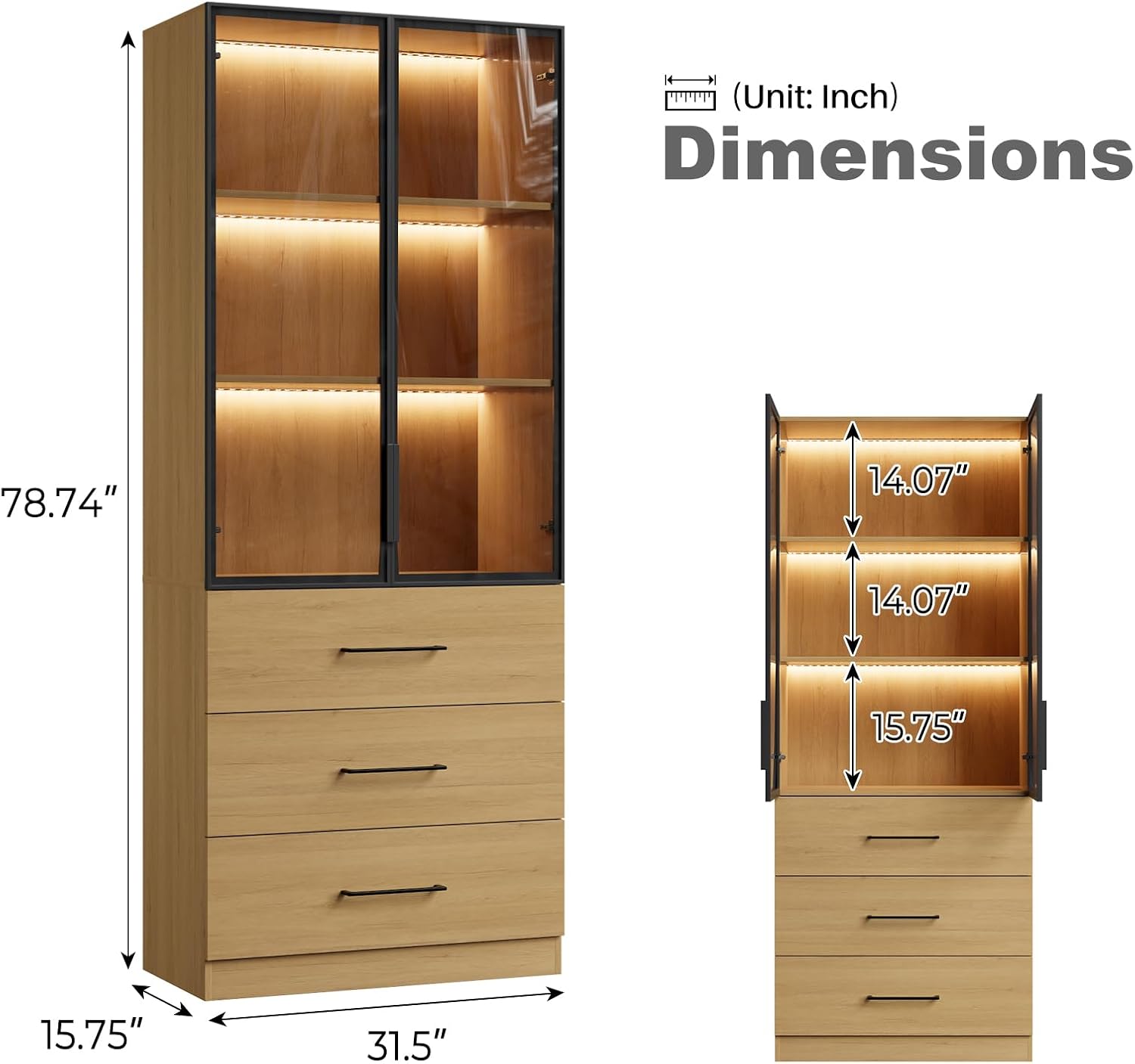 Bobve 78.7" Oak Display Cabinet with 3 Drawers, 3-Tier Storage Cabinet with APP Control LED Lights, Tall Bookcasse Storage Cabinet, LED Display Case for Collectible, Living Room, Office, Kitchen