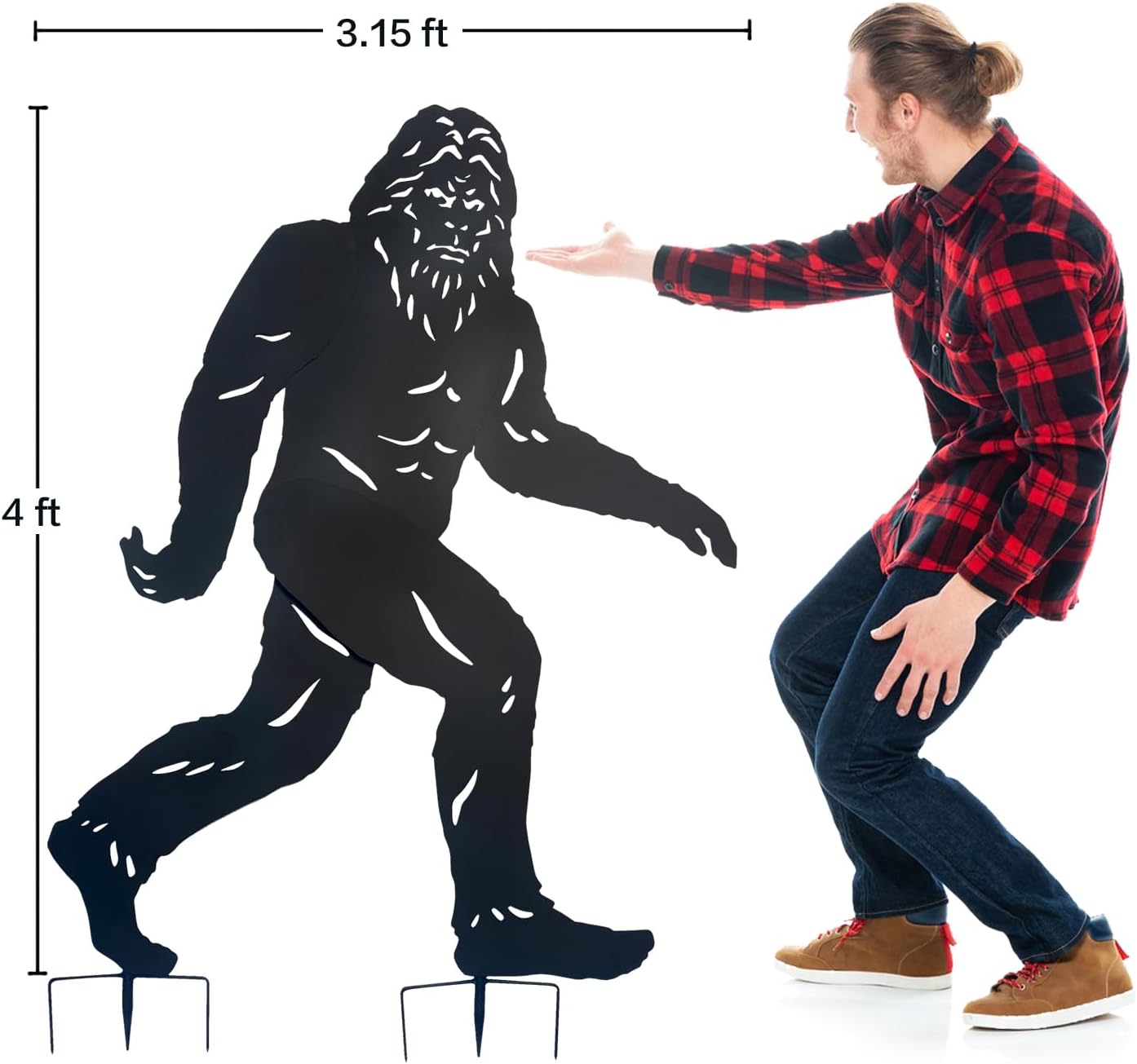 TIGGSY 4ft Bigfoot Metal Outdoor Decor next to a person for scale, showing its 4ft height and 3.15ft width.
