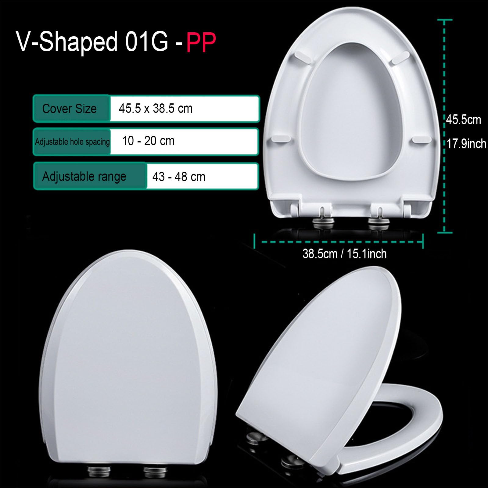 Asiento de inodoro en forma de V de cierre lento, tapa de cierre silencioso, ajuste universal, bisagra ajustable, desmontaje rápido, color blanco 01A (01G)