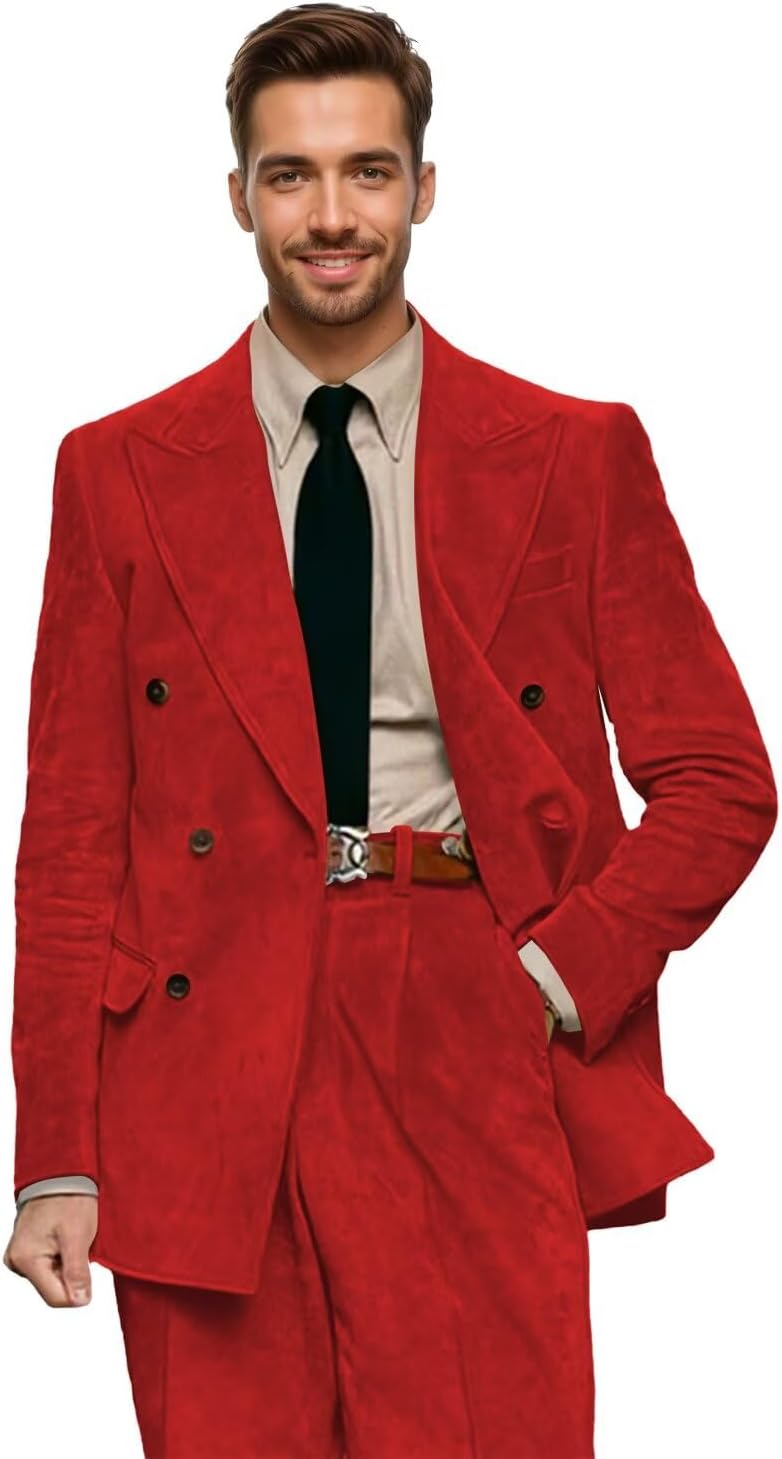 Suede Suits for Men Slim Fit 2 Piece Suit Men Retro Casual Suits for Mens Suede Double Breasted Men's Suit
