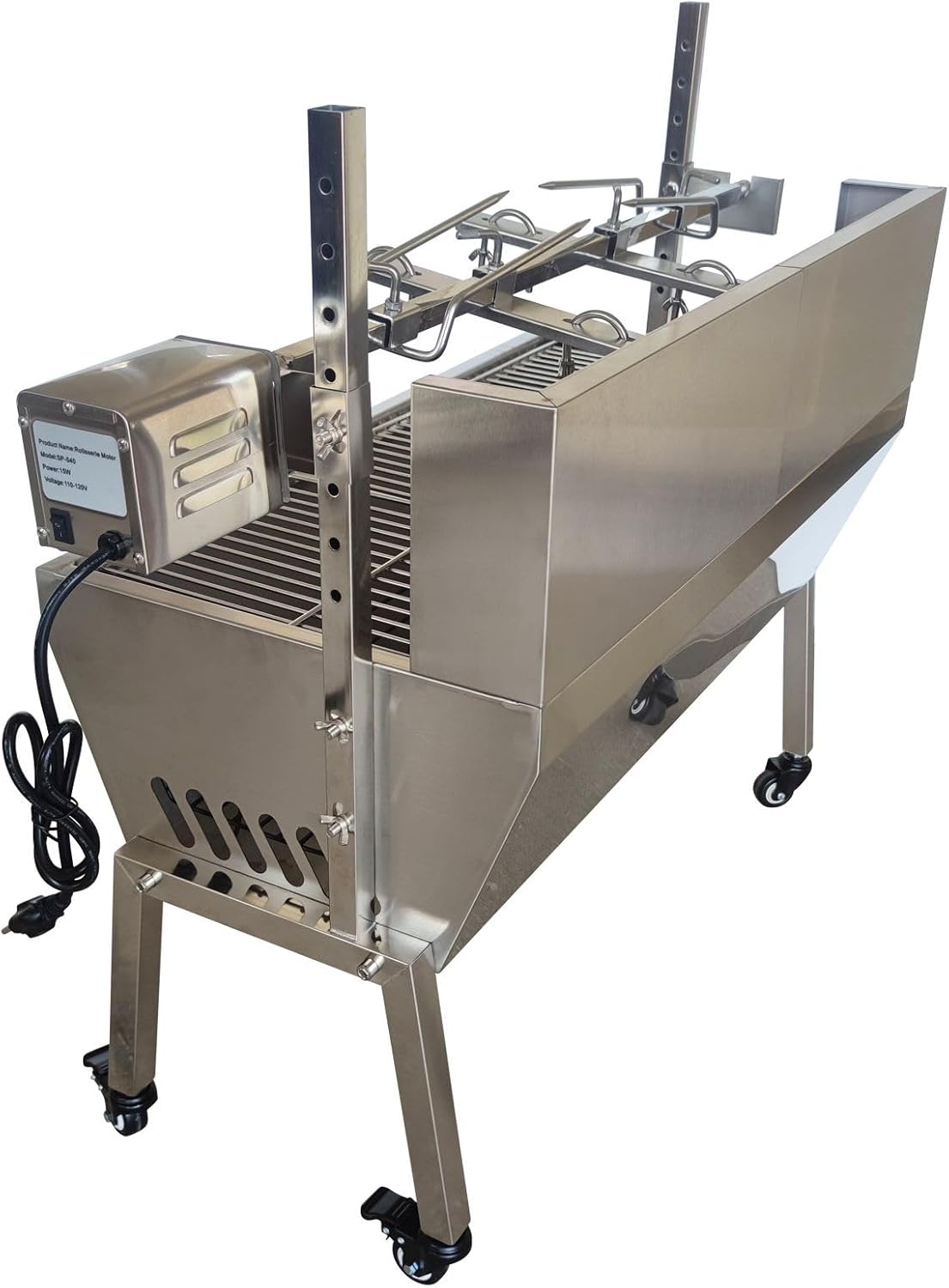Stainless Steel Rotisserie Grill 35" Whole Lamb/Pig Roaster 8-Height Adjustable with Brake Casters 110V 15W