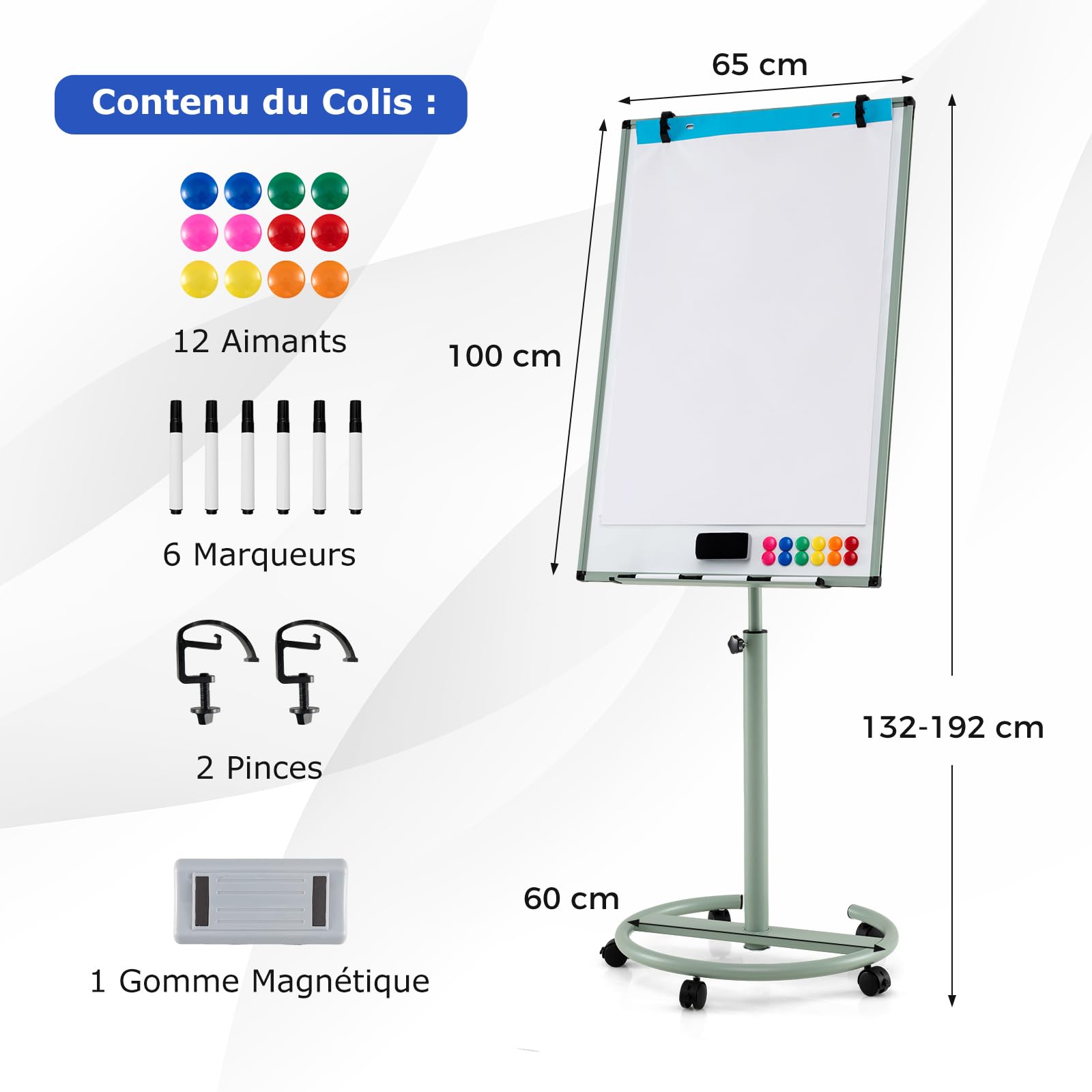 GOPLUS Tableau Blanc Effacable 65 x 100 CM, Tableau Blanc Magnetique avec Support Hauteur Réglable et 5 Roues Roulant, 1 Effaceur, 2 Crochets, 6 Marqueurs, 12 Aimants, 25 Papiers, Idéal pour Bureau