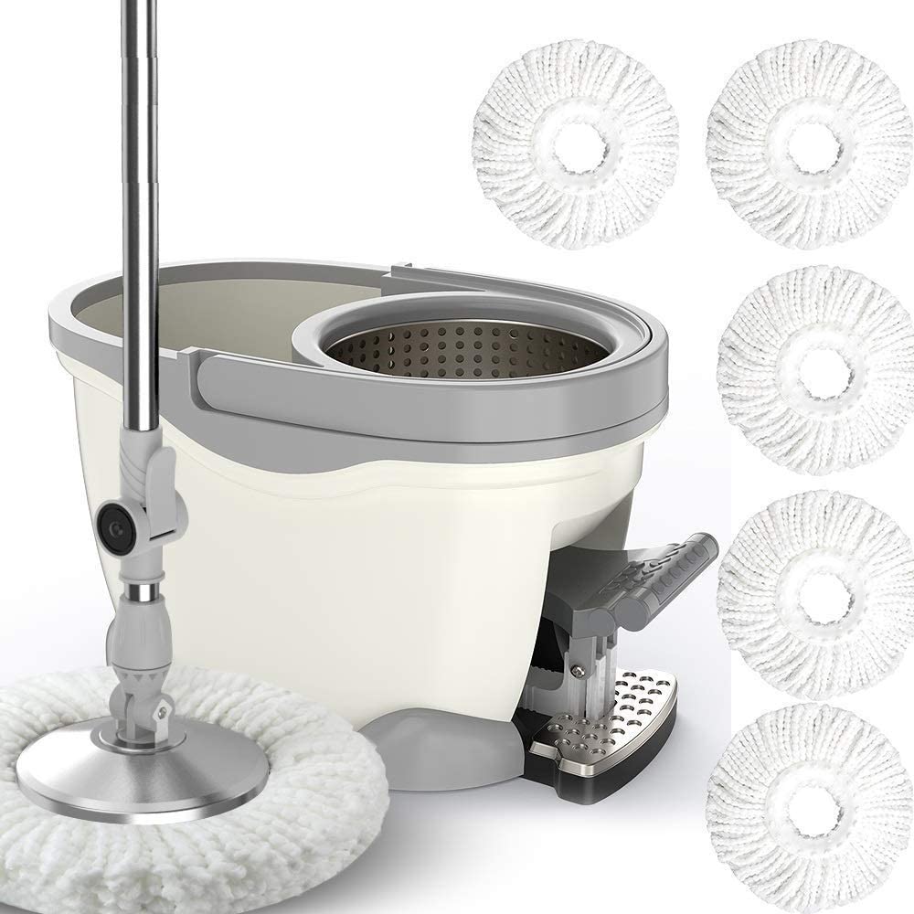 Fregona Piso Microfibra, fregona giratoria, escurridor, Cubo, Pedal, escurridor, Turbo, Cuatro impulsiones, fregona giratoria 360, fregona Polvo, Reutilizable 5 recambios Cabeza Microfibra