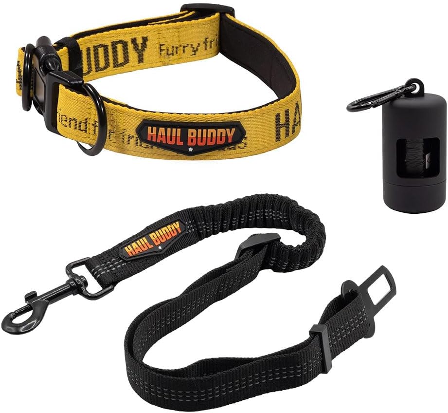 Mytee Products Medium Breed Adjustable Dog Collar, Nylon Car Seat Belt Harness, and Poop Bag Holder Set for Male Female Dogs - Neoprene Padded Collar, Leak-Proof Waste Bag Dispenser