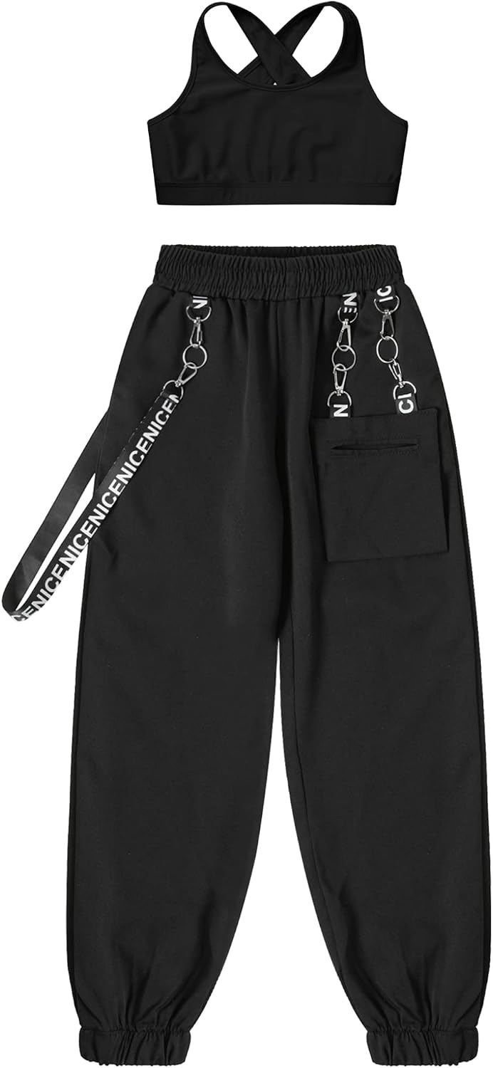 Hansber Kids Girls 2Pcs Jazz Hip Hop Dance Clothes Sports Bra Crop Top with Chain Pocket Sweatpants Jogger Set