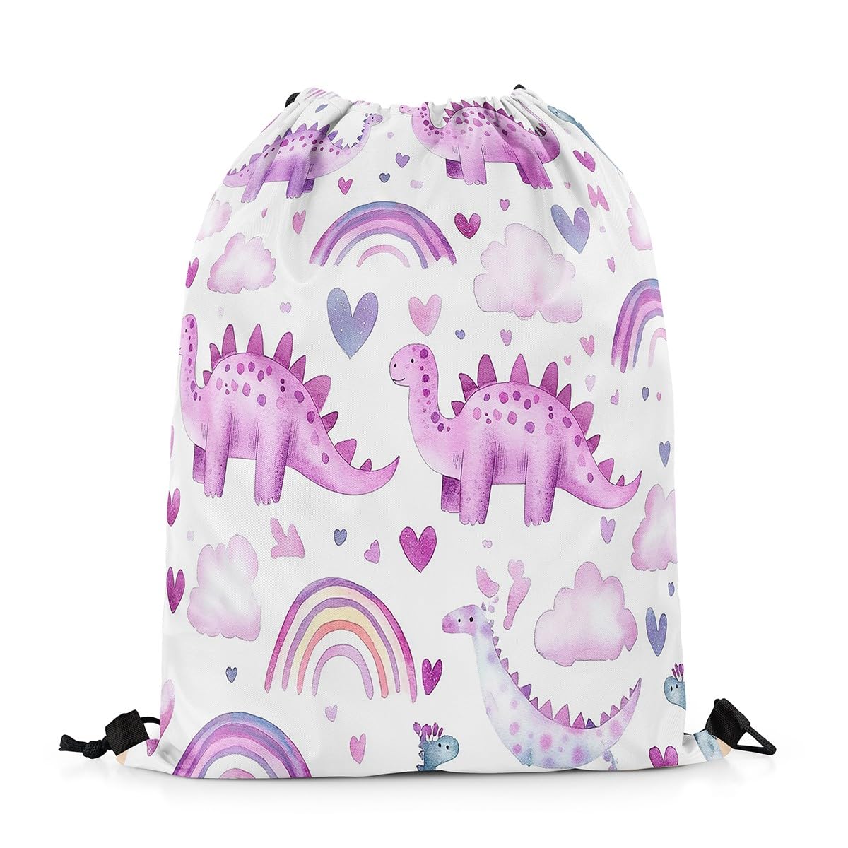 Homewish Cute Dinosaur Drawstring Backpack 33 x 40 cm for Sport Gym Swim Yoga Camping,Purple Dinos Drawstring Bags,Lovely Rainbow String Backpack,Cartoon Love Heart Draw String Back Bag
