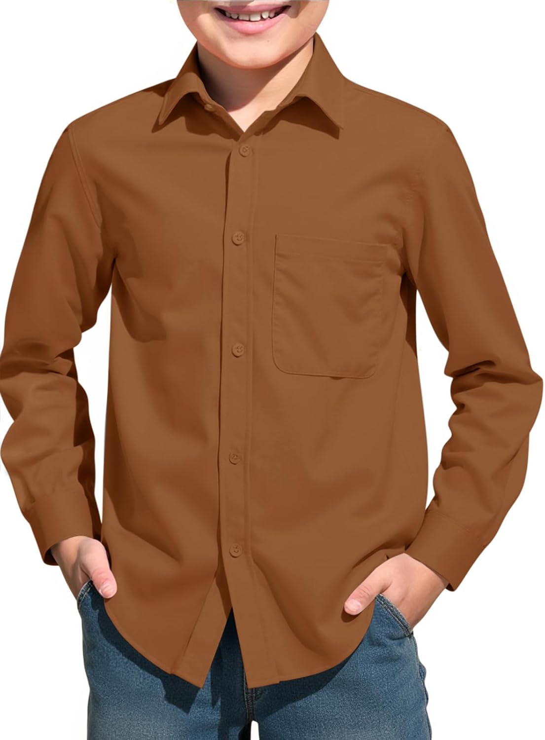 Haloumoning Boys Long Sleeve Dress Shirts Collared Button-Down Shirt School Uniform Shirts with Chest Pocket 5-14 Years