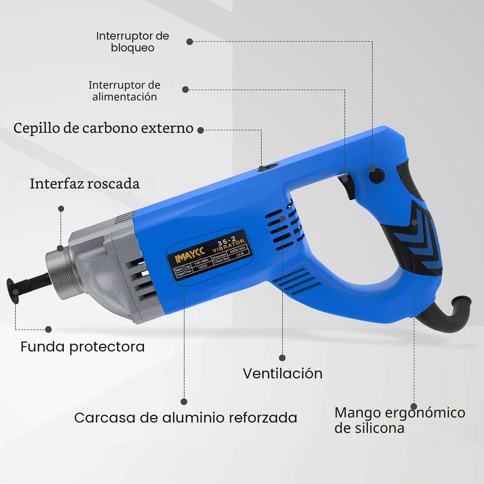 IMAYCC Vibrador de Hormigón Eléctrico, 1300 W 220 V 4300 Rpm, Escobilla de Carbón Externa, Manguera de 2 M de Longitud de Cobre, Herramientas de Hormigón