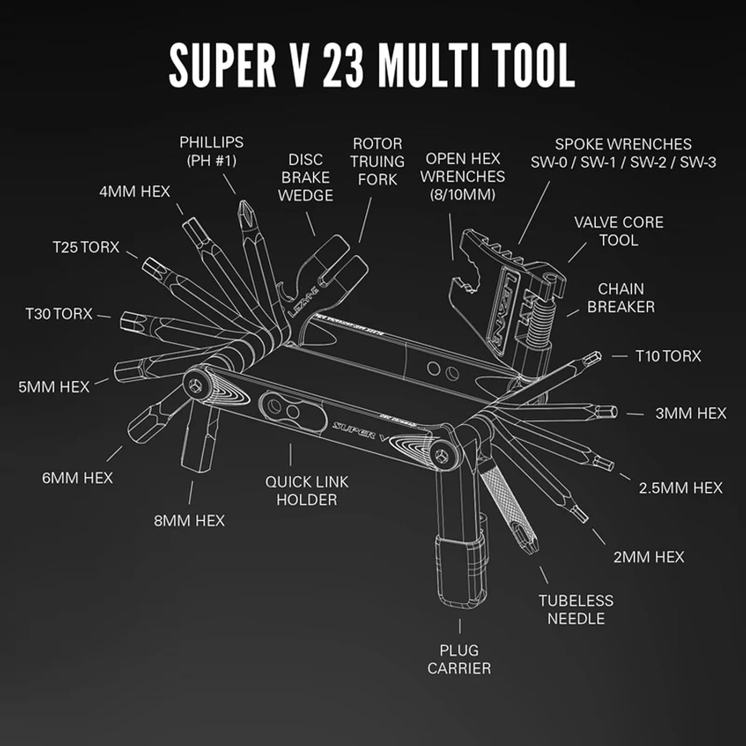 LEZYNE Super V-23 Bike Multi-Tool - Portable Compact 23 Multi Function Repair Tools for Road & Trail Cycling - Hex Keys, Torx, Spoke Wrench, Chain Breaker, Valve Core & Tubeless Tire Repair