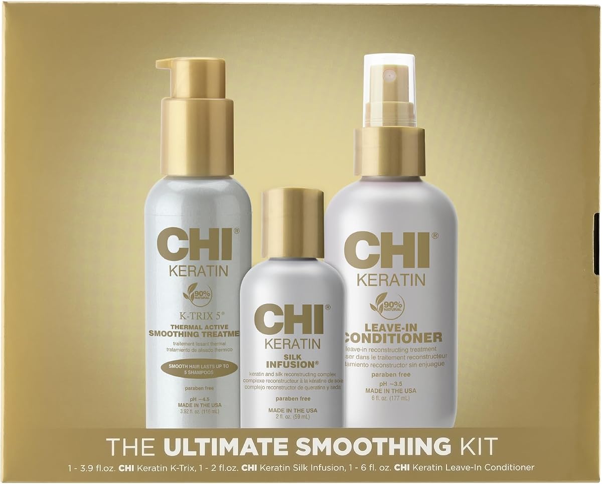 CHI Ultimate Smoothing Gift Kit, infusión de seda de queratina de 2 oz, K-Trix de 3.92 oz y acondicionador sin enjuague de 2.26 oz, sin sulfato, parabenos y sin crueldad (3 artículos)