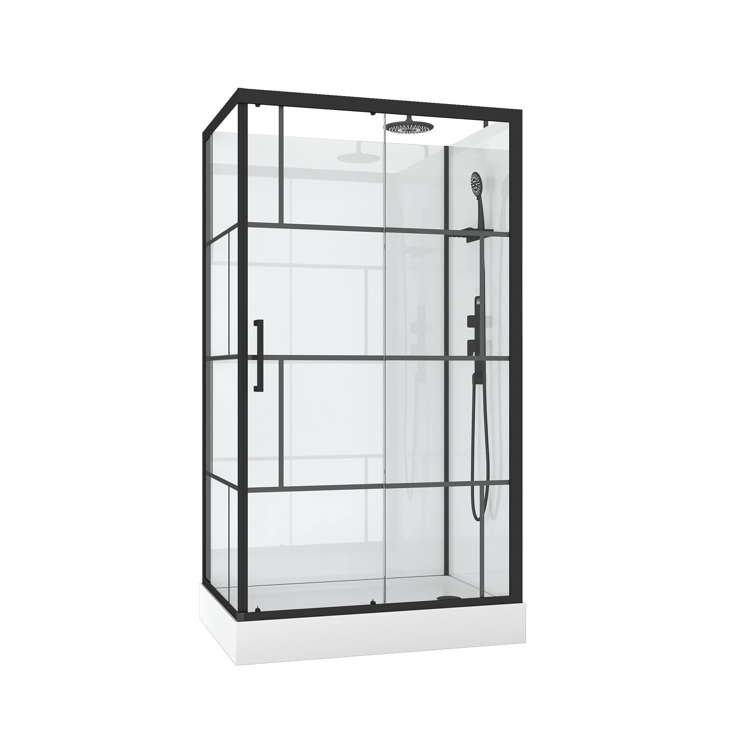 Marwell Ducha completa de diseño de ladrillos de 110 x 80 x 225 cm Ducha de esquina con entrada frontal Cabina de ducha con perfiles de aluminio de alta calidad en negro mate Altura de entrada 13 cm