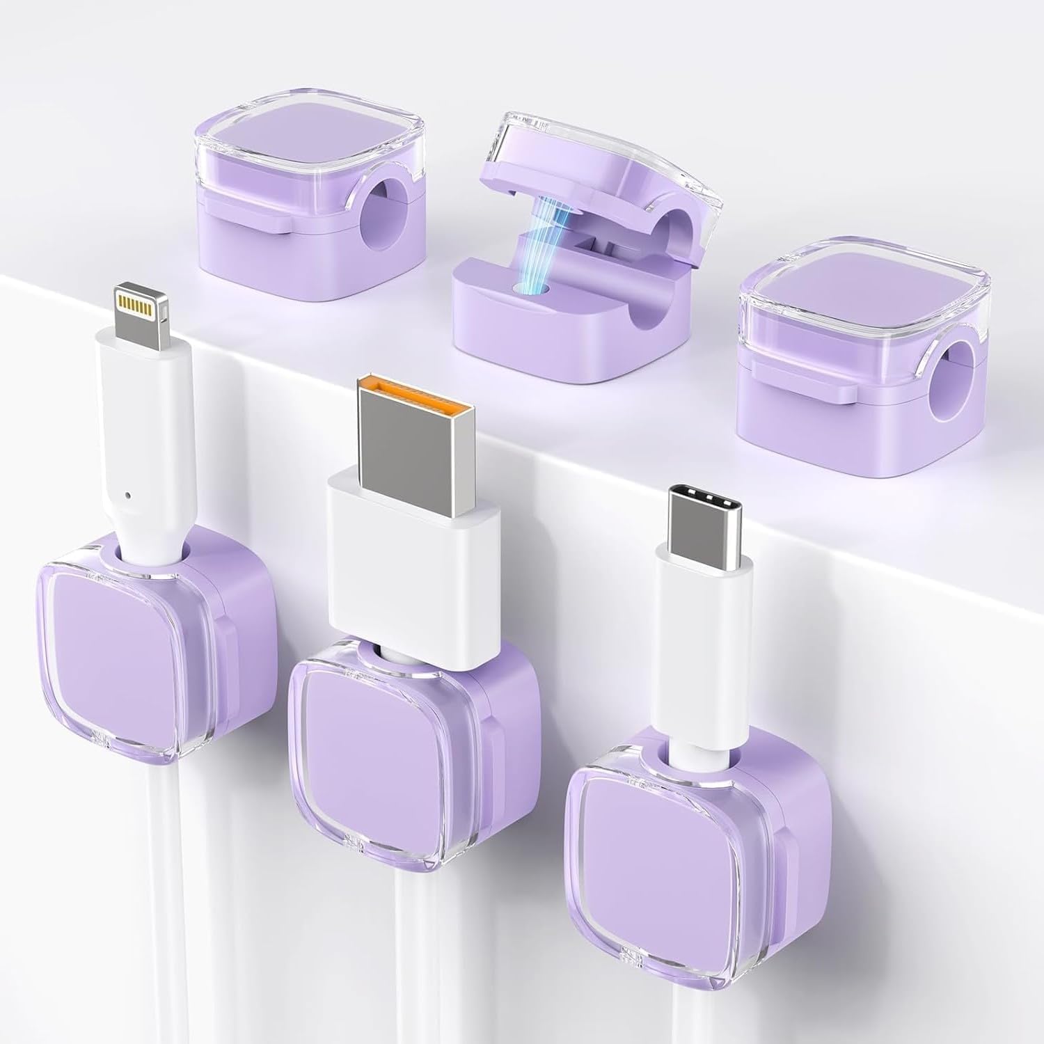 6 Pack Magnetic Cable Clips, Cord Organizer Holder, Strong Adhesive Desk Cable Management Organizer, Phone USB Charging Cords Wire Holder Organizer for Home, Office, Car, Desk, Nightstand (Purple)