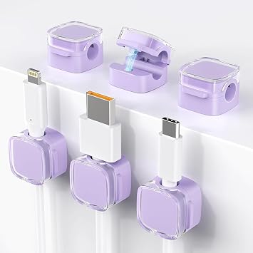 6 Pack Magnetic Cable Clips, Cord Organizer Holder, Strong Adhesive Desk Cable Management Organizer, Phone USB Charging Cords Wire Holder Organizer for Home, Office, Car, Desk, Nightstand Purple