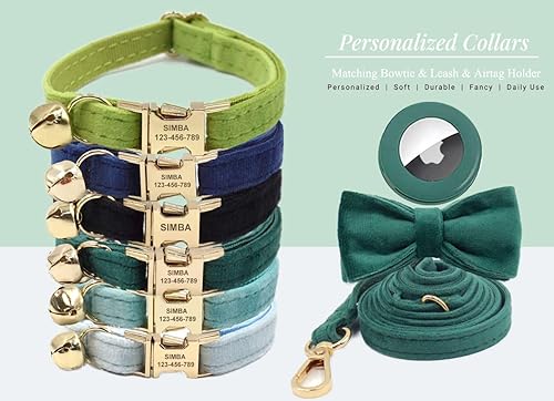 Miniatura 3 de Personalized Cat Collar with Gold Buckle and Engraved Name Tag Estilo de terciopelo