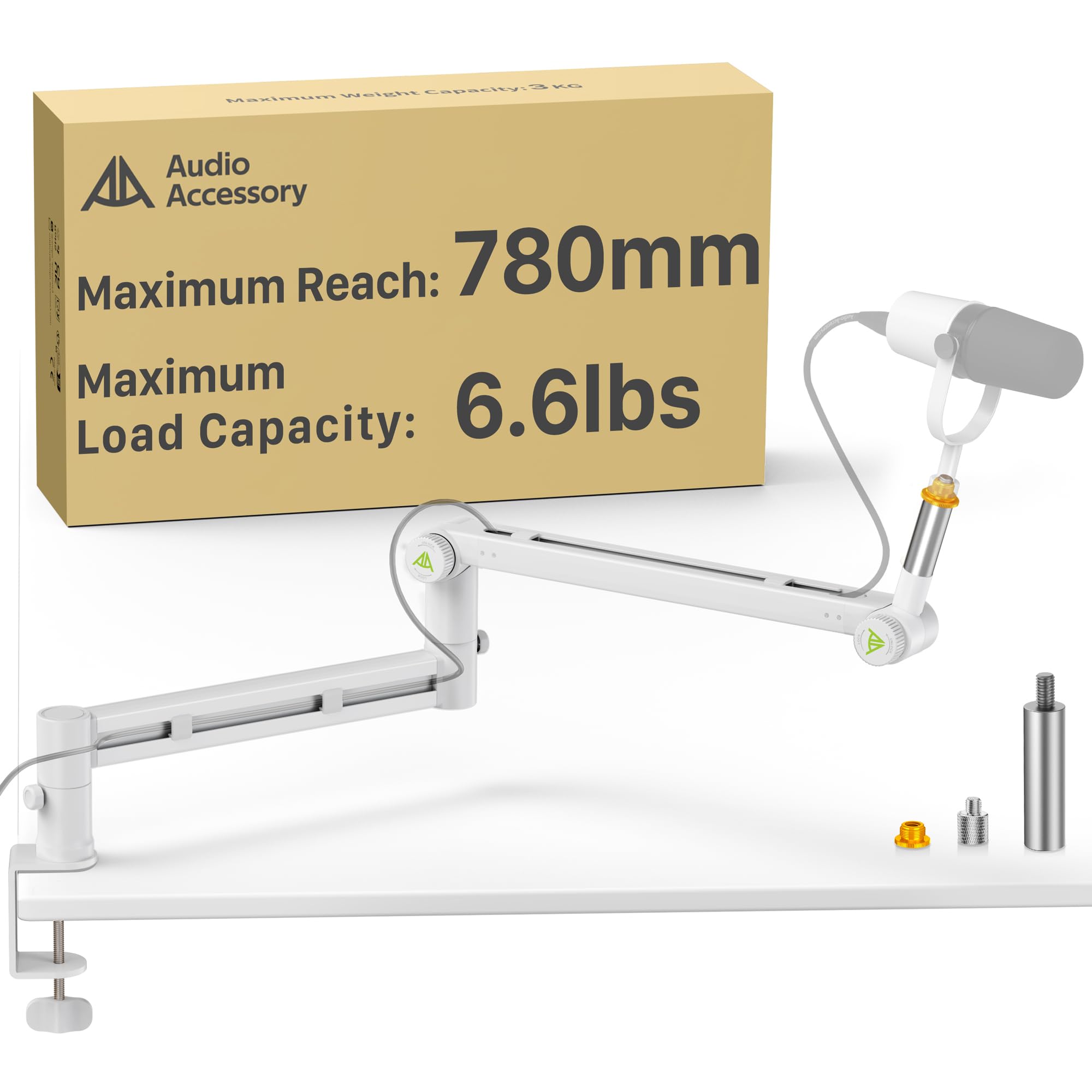 AA AUDIO ACCESSORY White Boom Arm Low Profile (Design for Heavy Mic) 6.6lbs Load Capacity, Gear Lock Structure Never Sags, Metal Microphone Stand Desk Mount for Shure SM7B MV7+, Blue Yeti, Rode PodMic