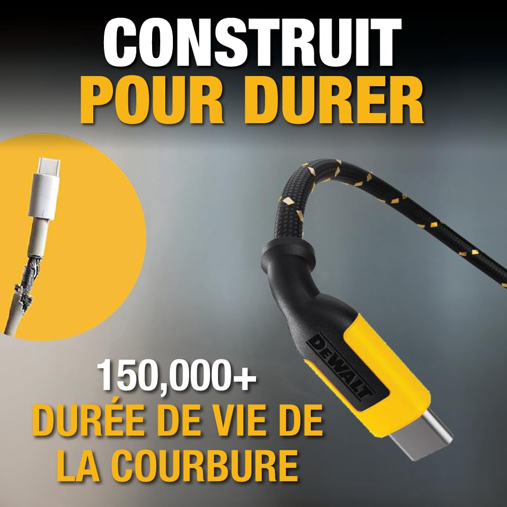 DEWALT Cable Lightning vers USB Câble tressé renforcé pour cordon de chargeur Lightning Compatible avec iPhone Câble (4 pieds - 2 câbles)