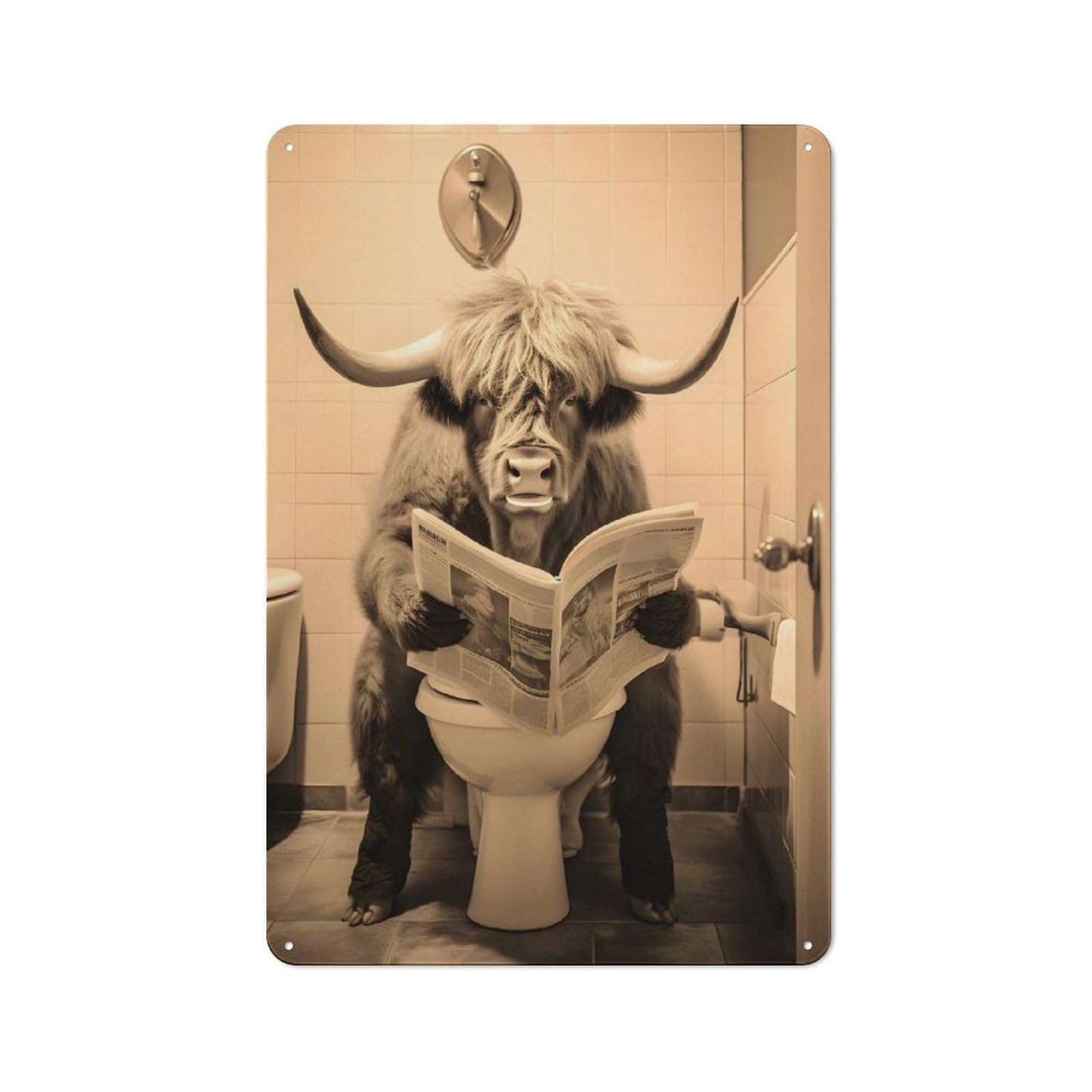 Junmoney Highland Cow On The Toilet Retro Metal Wall Sign 30X20cm For Studio Or Craft Room, For Metal Sign Collectors, For Garage And Workshop Walls