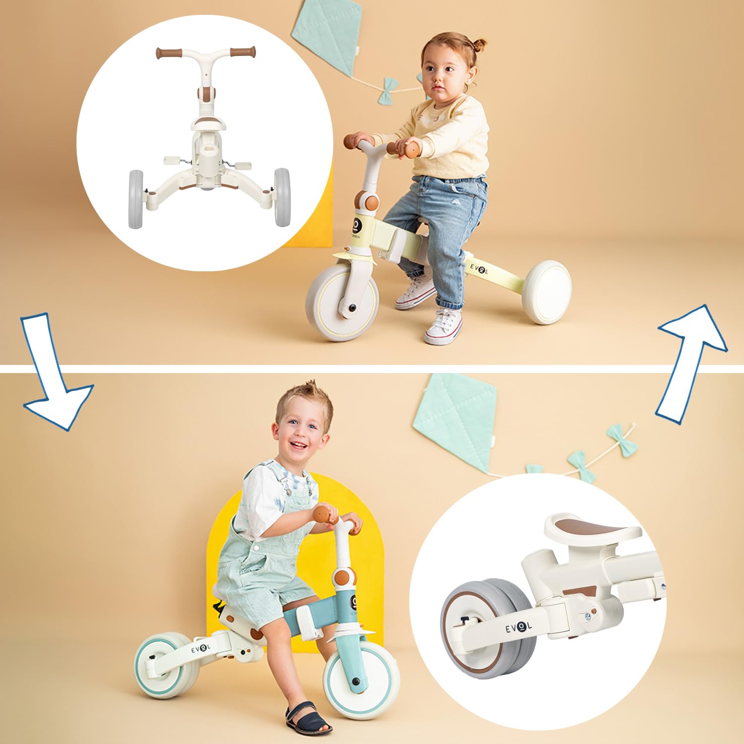 Olmitos - Triciclo Evolutivo de Bebé 5 en 1 - Bicicleta Niños Desde 1 Año hasta 25 Kg - De Triciclo a Bicicleta con o sin Pedales – Adaptable y transformable (Evol, Gris)