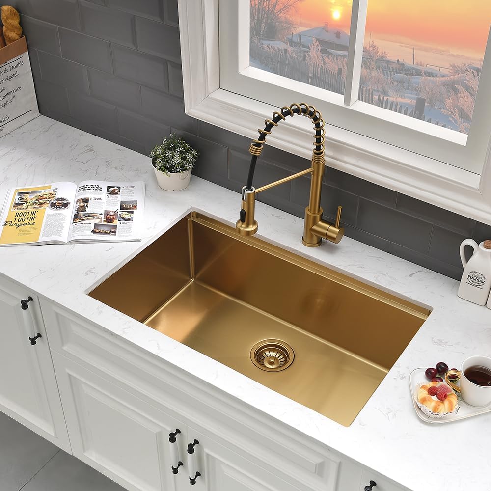 Gold Kitchen Sink Undermount-VASOYO 30x19 Inch Undermount Kitchen Sink Workstation 16 Gauge Brushed Gold Stainless Steel Sinks Under Mount Deep Single Bowl with Cutting Board