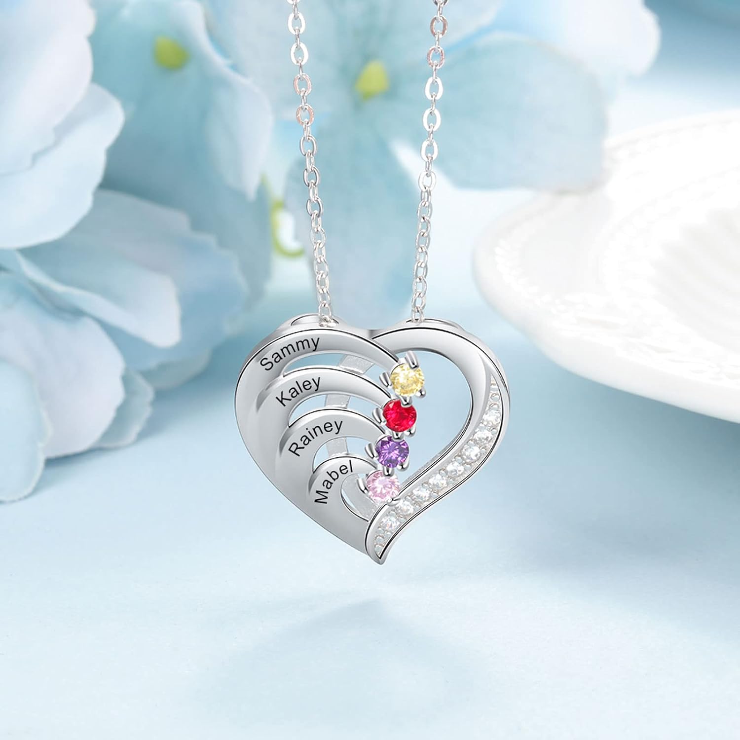 10K/14K/18K Gold Diamond Personalized Name Heart Necklace with 1-4 Birthstones Real Diamond Engraved 1-4 Names Pendant Jewelry Gift for Mom