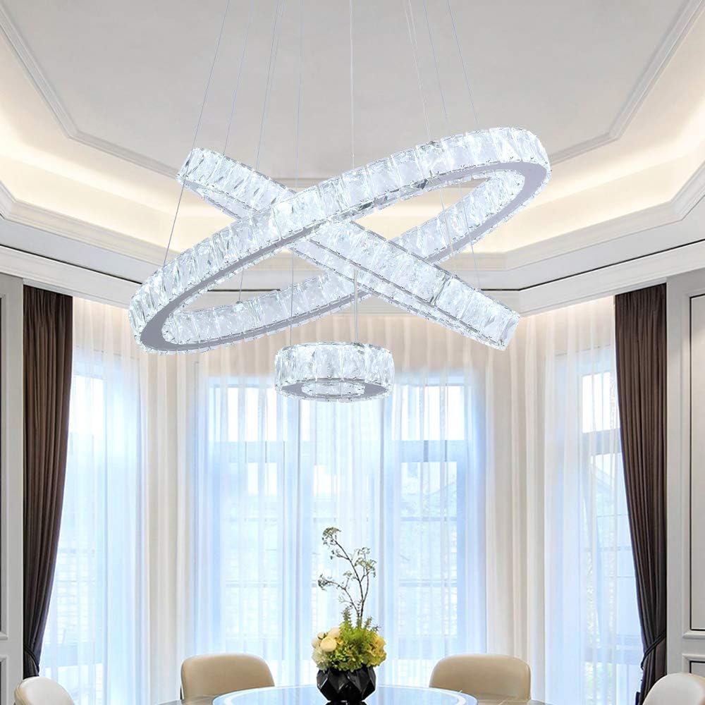 Maxax Modern Crystal Chandeliers 3 Rings LED Ceiling Lighting Fixture Adjustable Stainless Steel Pendant Light for Bedroom Living Room Dining Room(White)