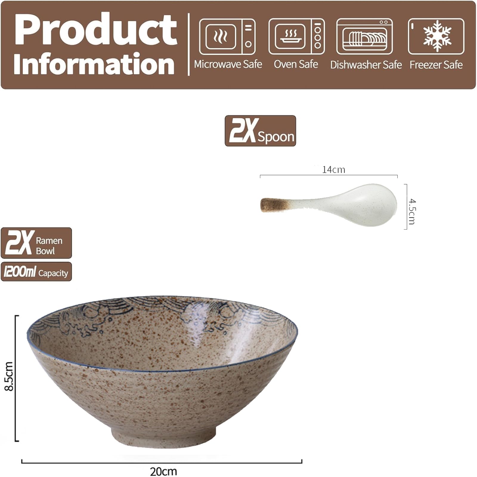 Salatschüssel aus Porzellan, Ramen-Schüssel-Set, Keramik-Nudelschüssel mit Löffeln, 1200-ml-Suppenschüsseln, japanische Ramen-Schüsseln, für Salat, Pho, Pasta, Udon, Fisch