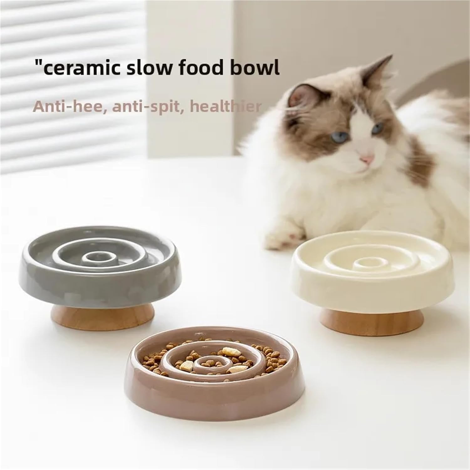 Ceramic Pet Slow Food Bowl, Anti-Choking Feeder for Cats and Small Dogs(White)