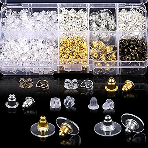 Earring Backs Kit, 1040 Pcs/500 Pairs Earring Stopper Clear Earring Backs Rubber, Alloy Earring Backs Replacements with Box, 10 Styles Ear Stud Findings for Jewelry Making DIY Cover