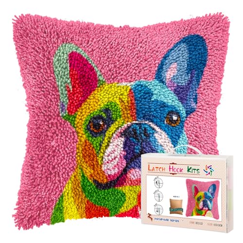 DIY Latch Hook Pillow Kits for Adults Rainbow French Bulldog Printed Pillowcase Crochet Yarns Hooking Handmade Pillow Cover Cushion for Home Sofa Decoration 17x17inch-4